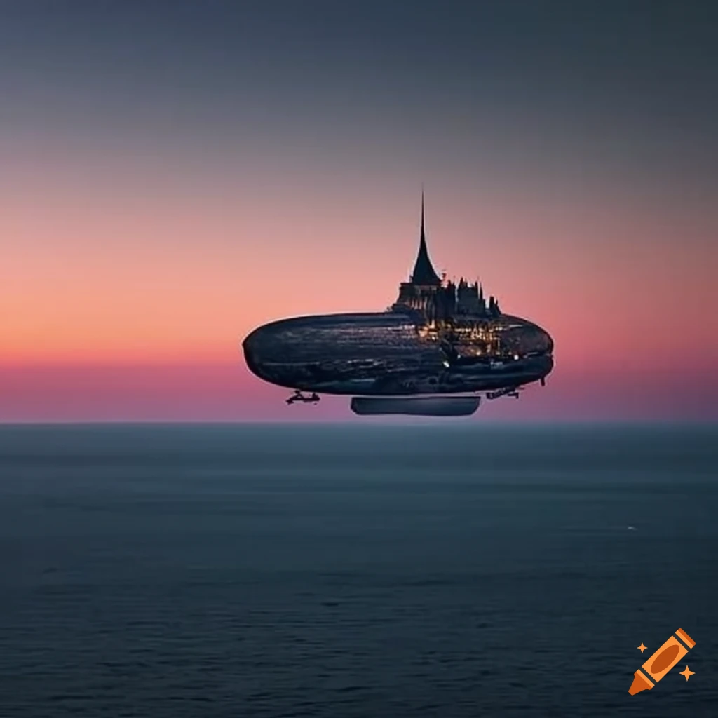 war scene with zeppelins over Mont Saint-Michel