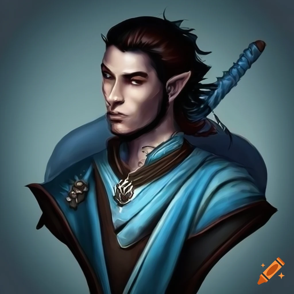 Artwork of a male half-elf cleric in blue and silver armor on Craiyon