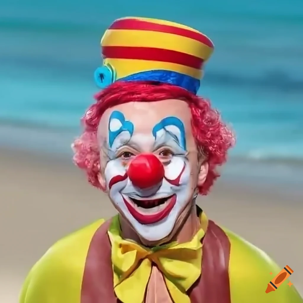 cheerful clown making funny faces on a sunny beach
