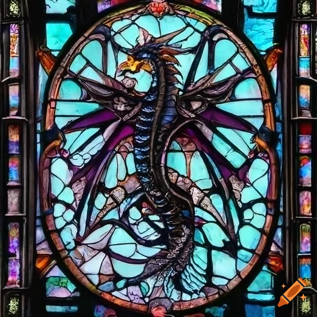 stained glass window with black dragon design