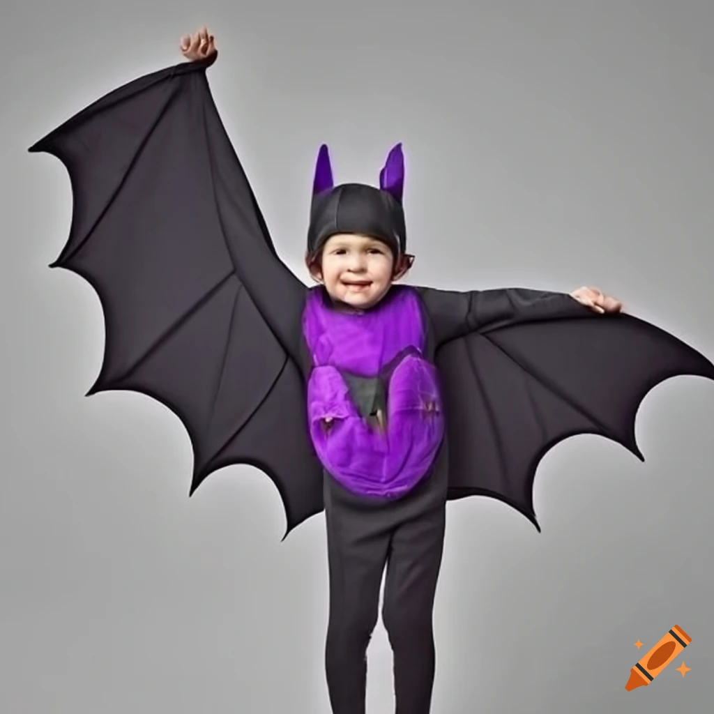 Child wearing a black and purple bat costume