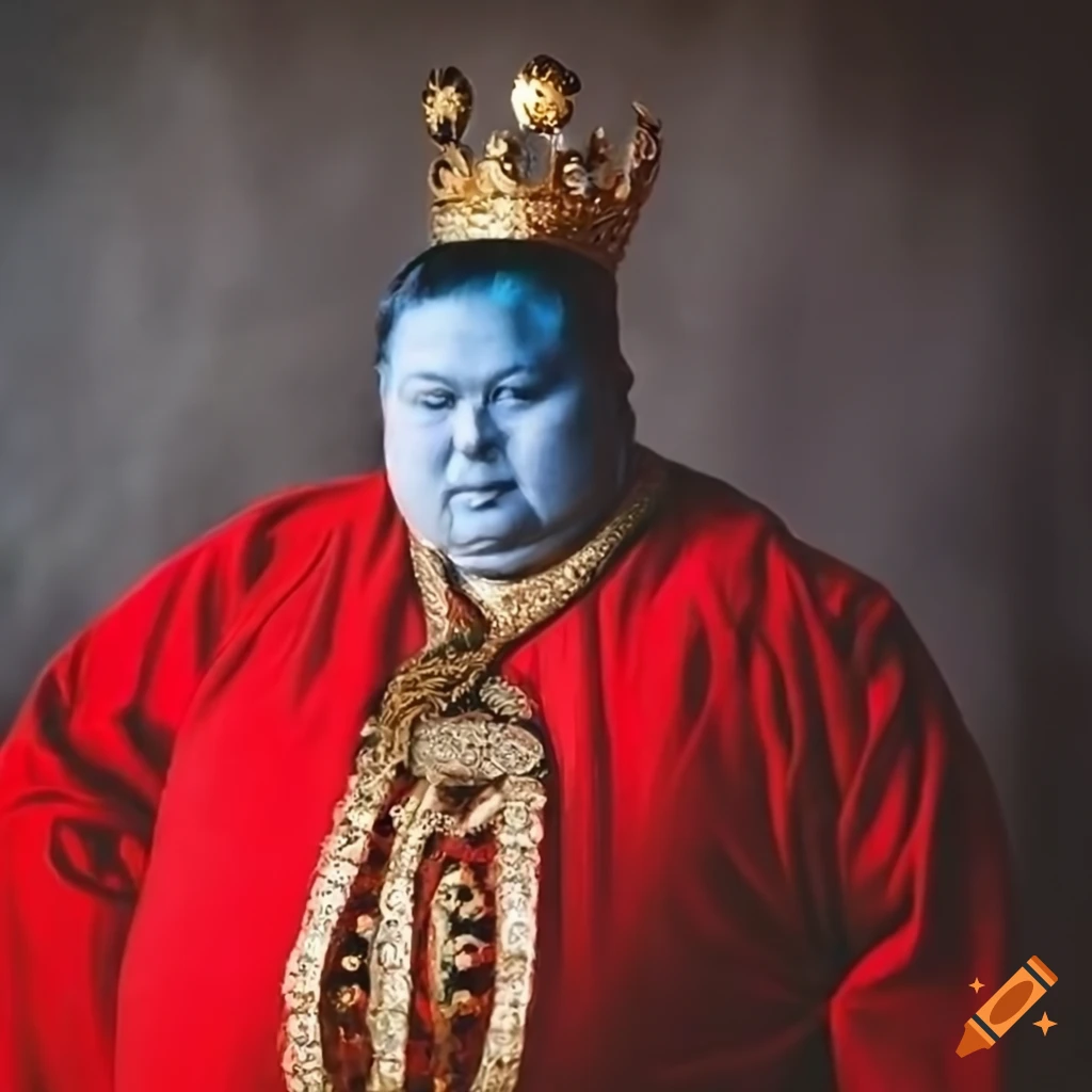 cartoon illustration of a blue fat guy wearing a king's robe and crown