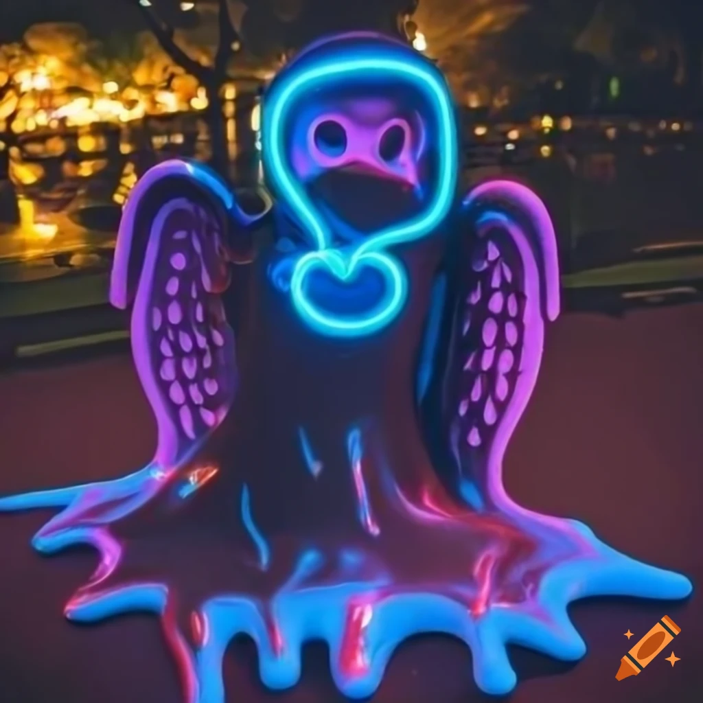 neon angel sculpture with 80s vibes