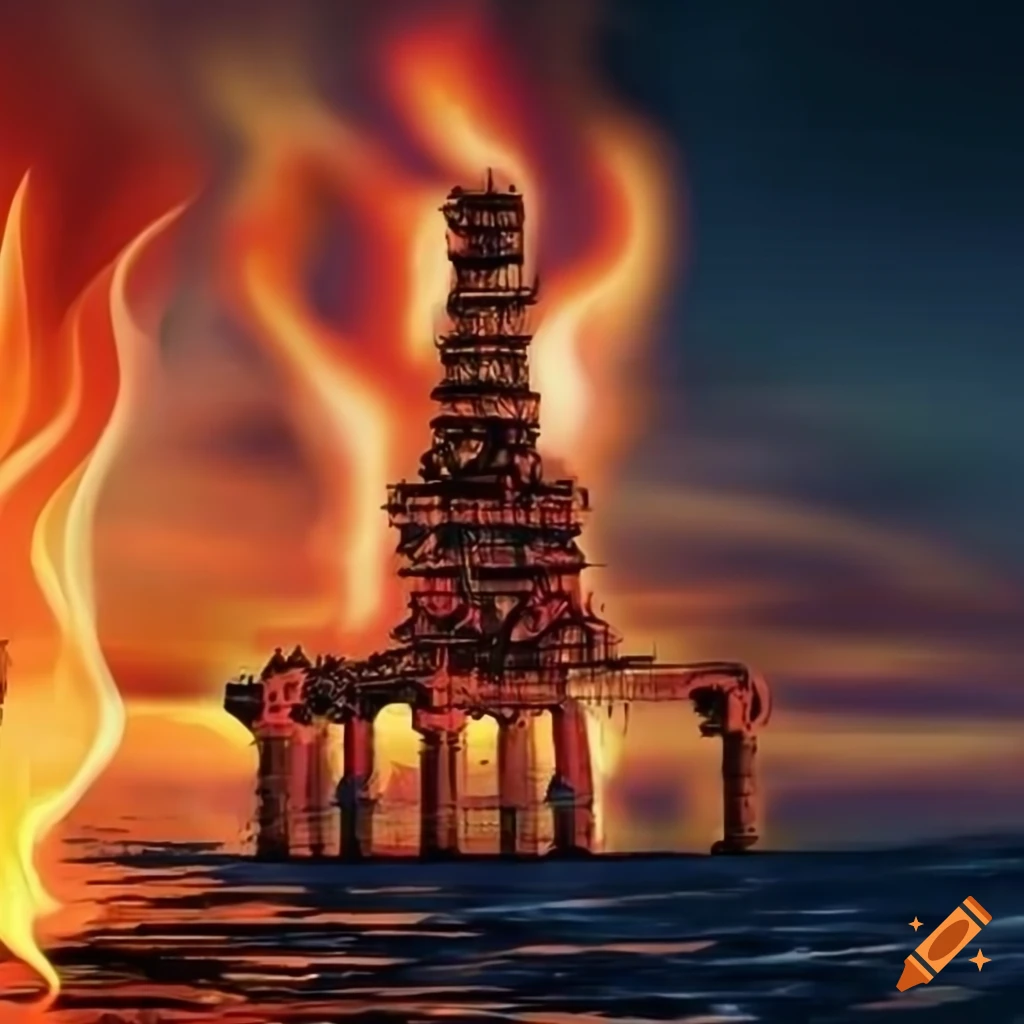 illustration of a fiery deity on an oil platform