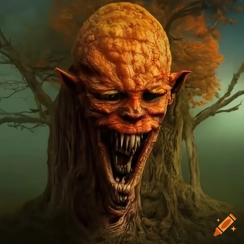 hyper-realistic art of a decayed orange fruit tree monster