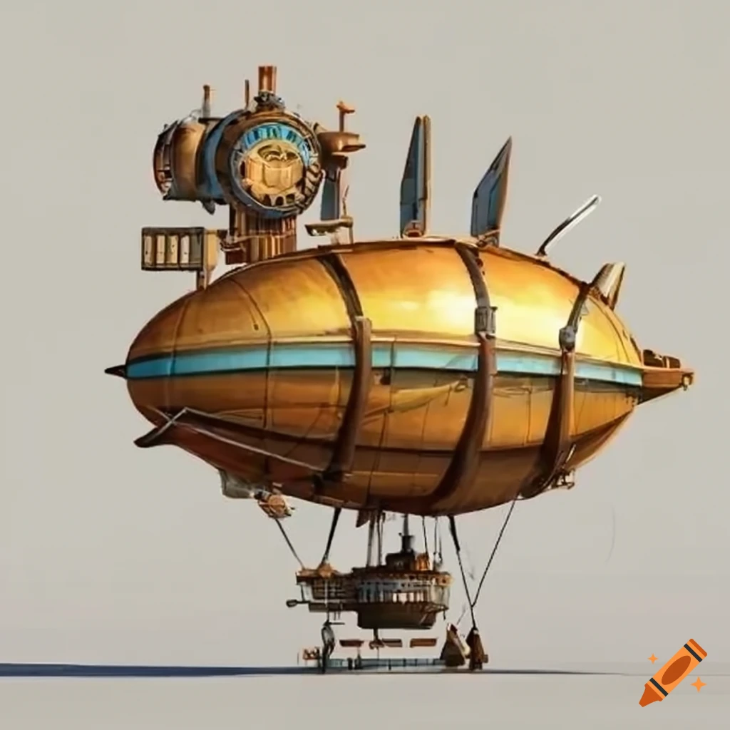 steampunk airship on plain white background