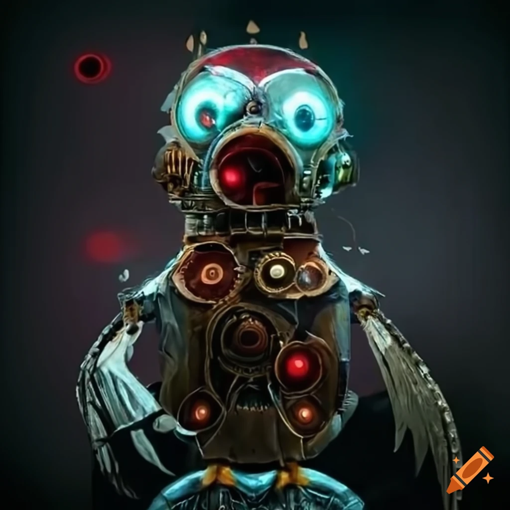 steampunk penguin robot with red eyes