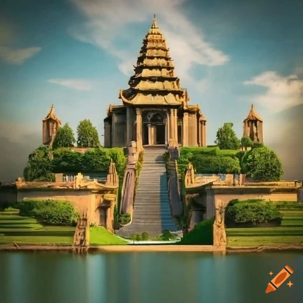 Temple overlooking a lake and city on Craiyon