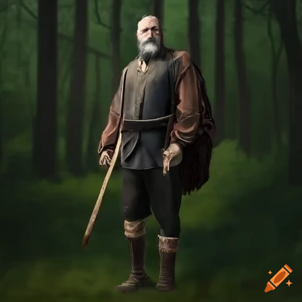 image of a mature farmer with an axe in a forest