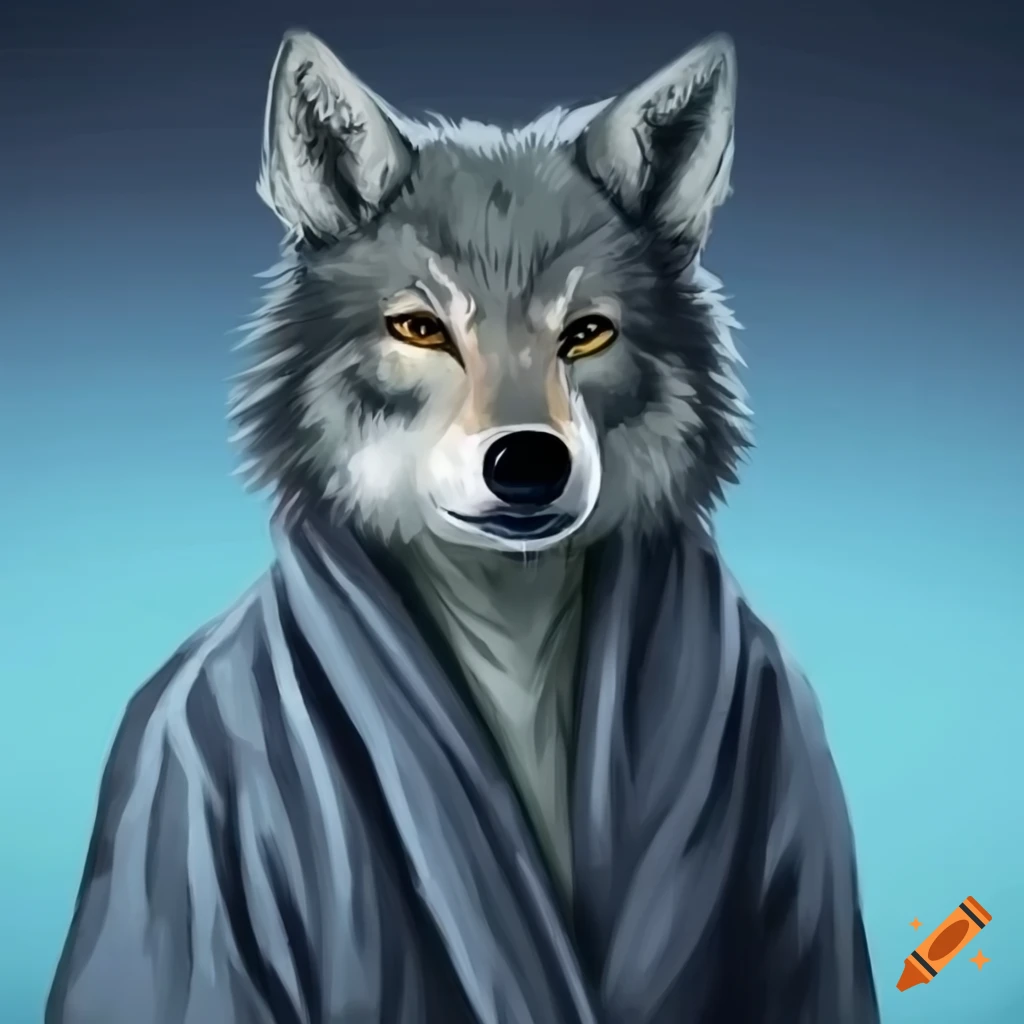 Wolf wearing a bathrobe