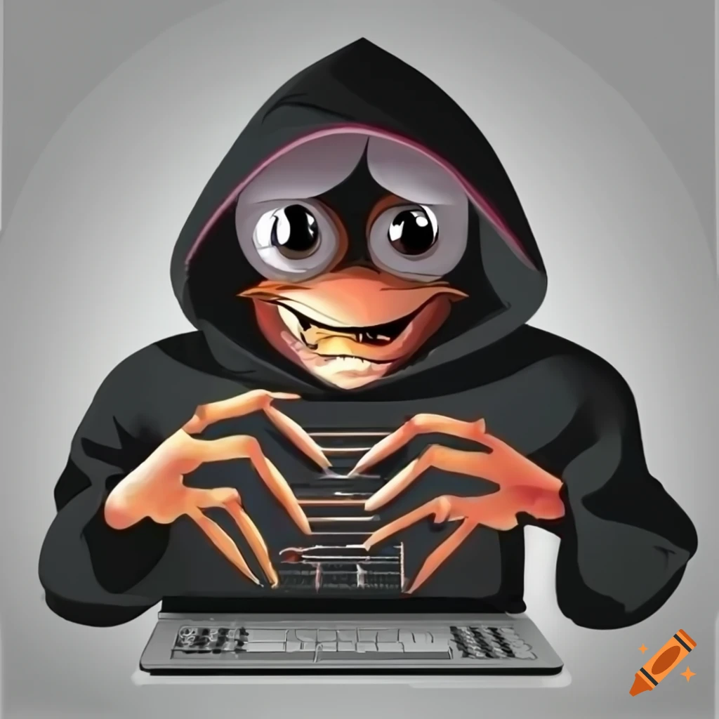 animated crab wearing a black hoodie using a computer