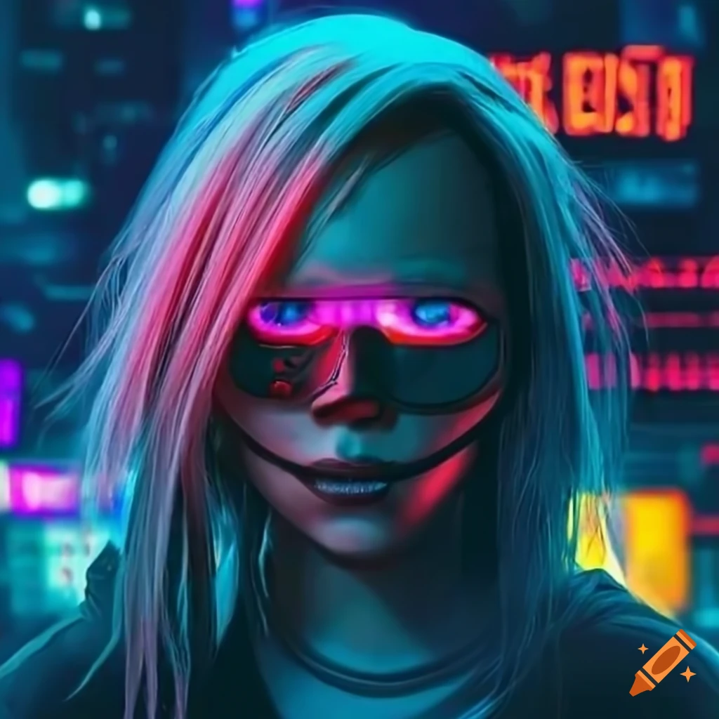 portrait of a young cyber hacker in a futuristic cyberpunk world