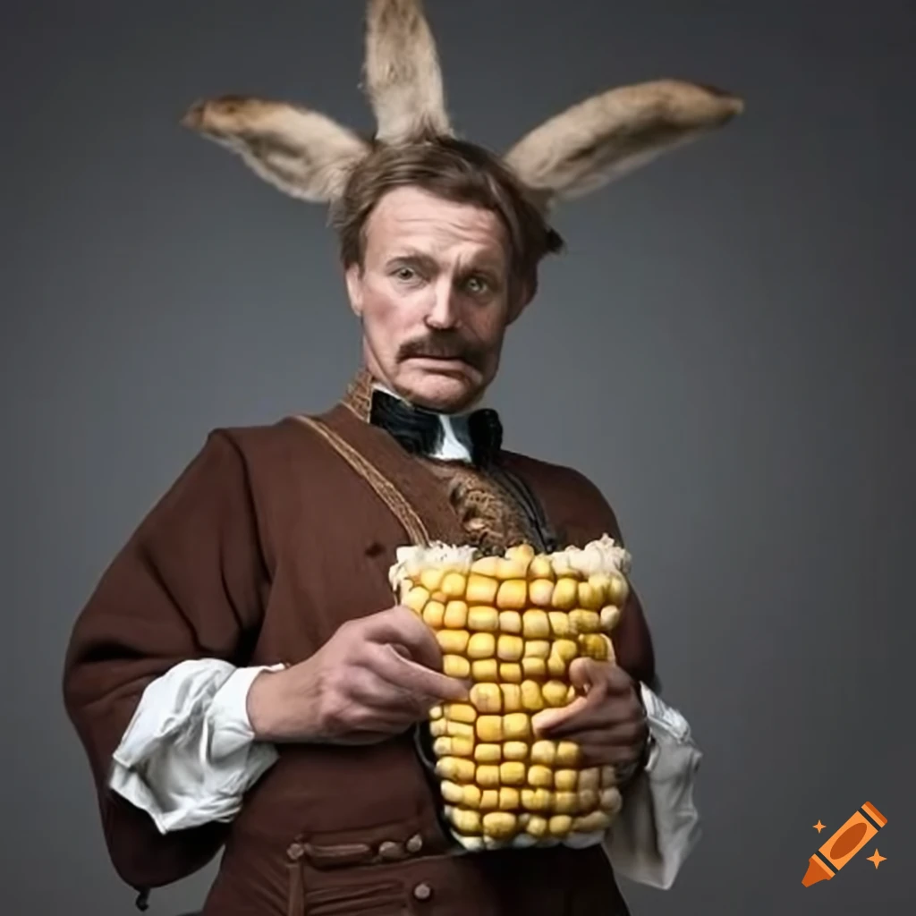 Young male in mustard colored velvet furry costume with triangular ears