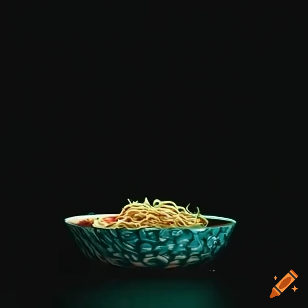 bowl of Japanese noodles with a 70s floral pattern background