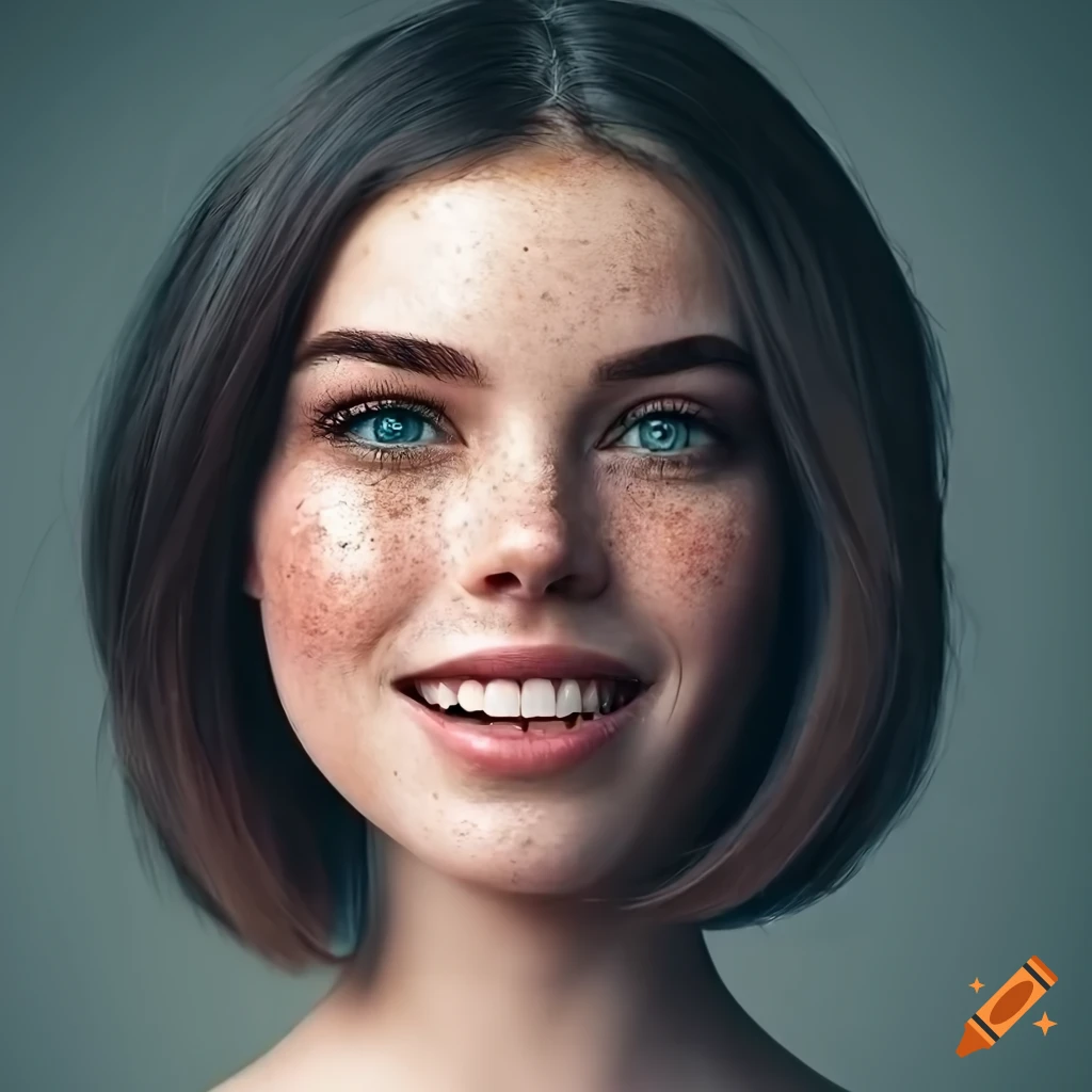 Portrait of a beautiful young woman with freckles and dark hair on Craiyon