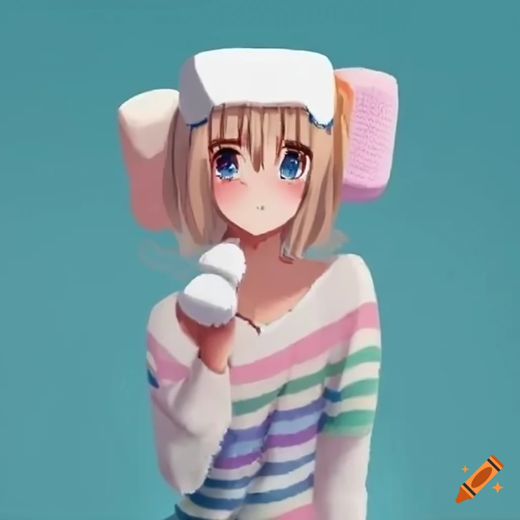anime marshmallow putting on striped socks