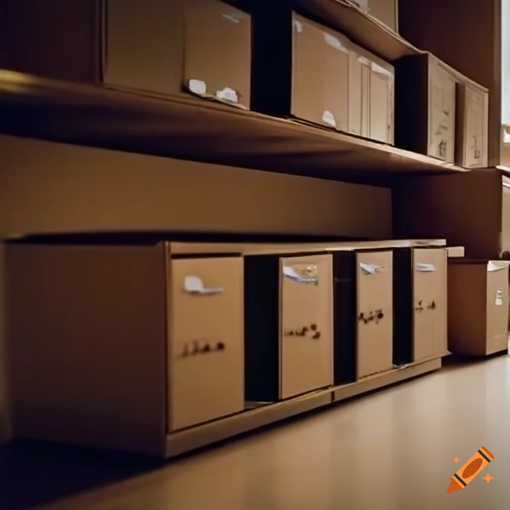 Office with file cabinets and boxes on craiyon