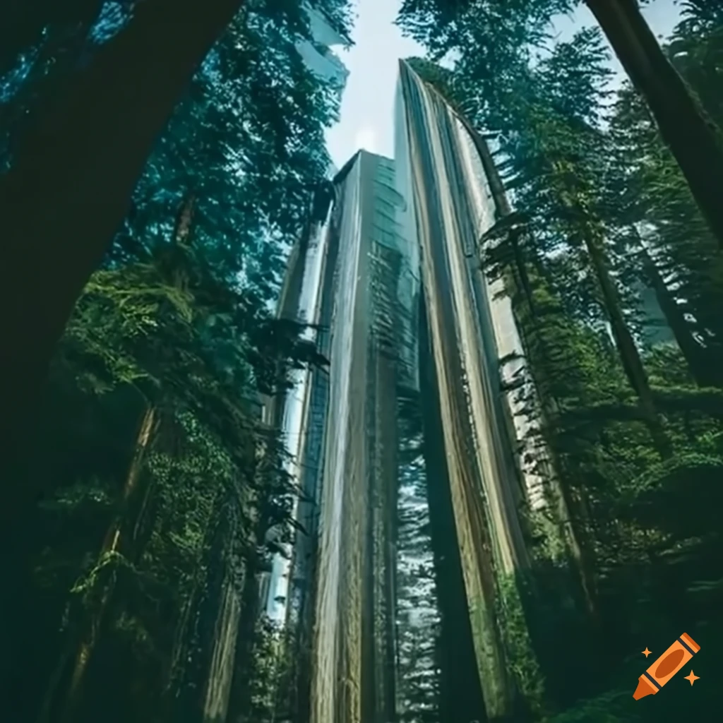 futuristic skyscraper in a forest