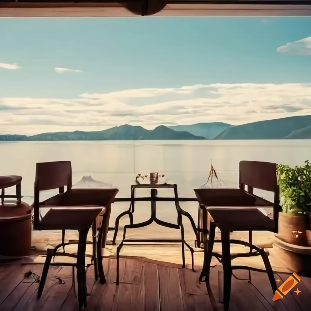 sunny cafe lounge with a scenic view of a lake