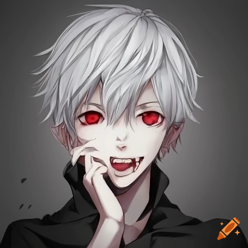 Anime boy character with light blue hair and red eyes smiling