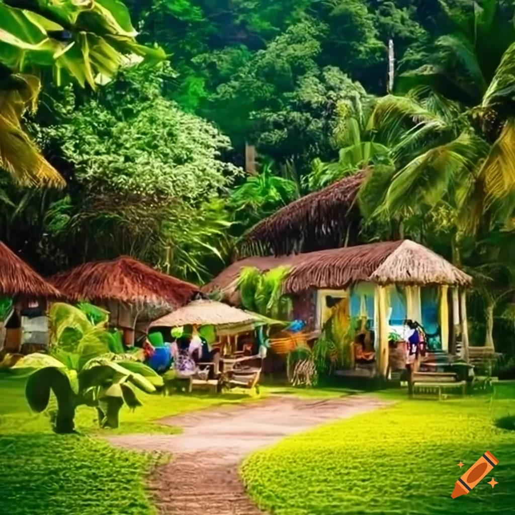 vibrant eco-village square with Caribbean architecture