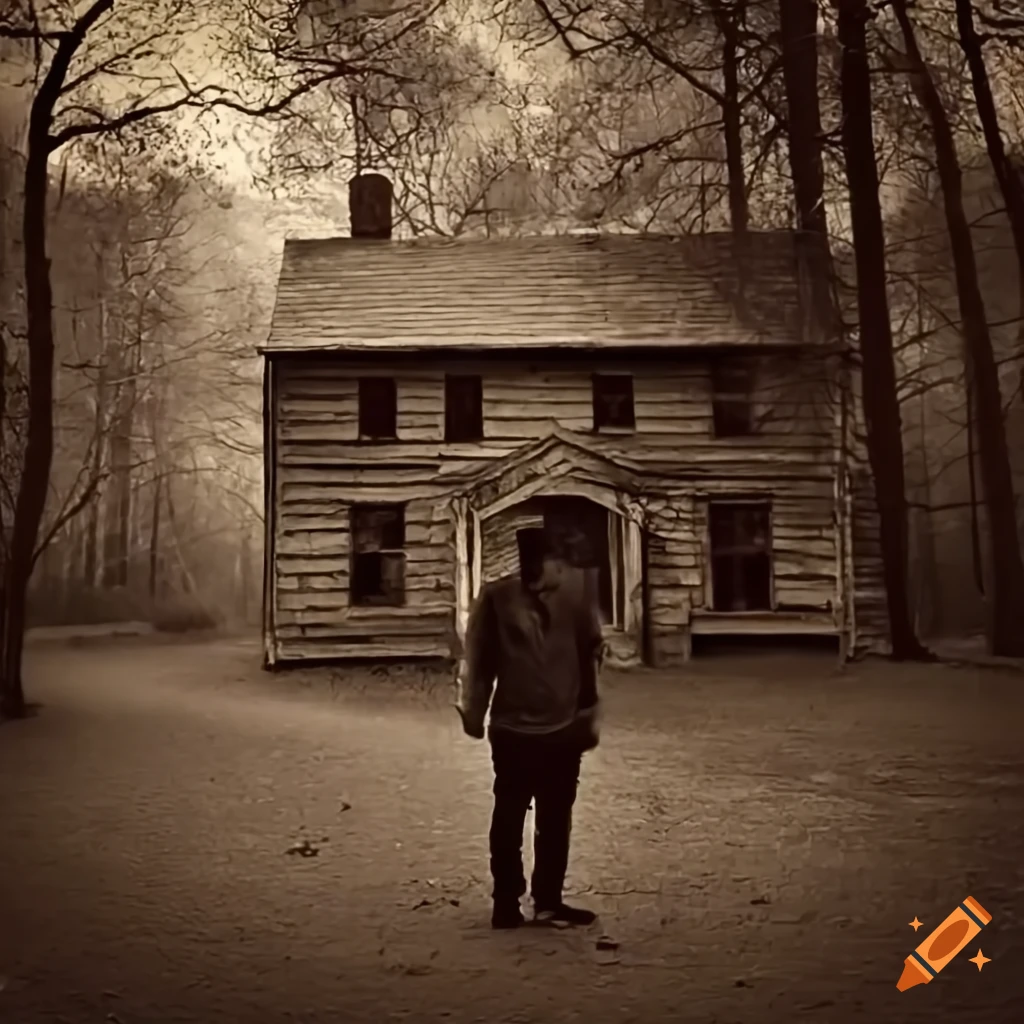 sepia-toned image of a man in front of a haunted house