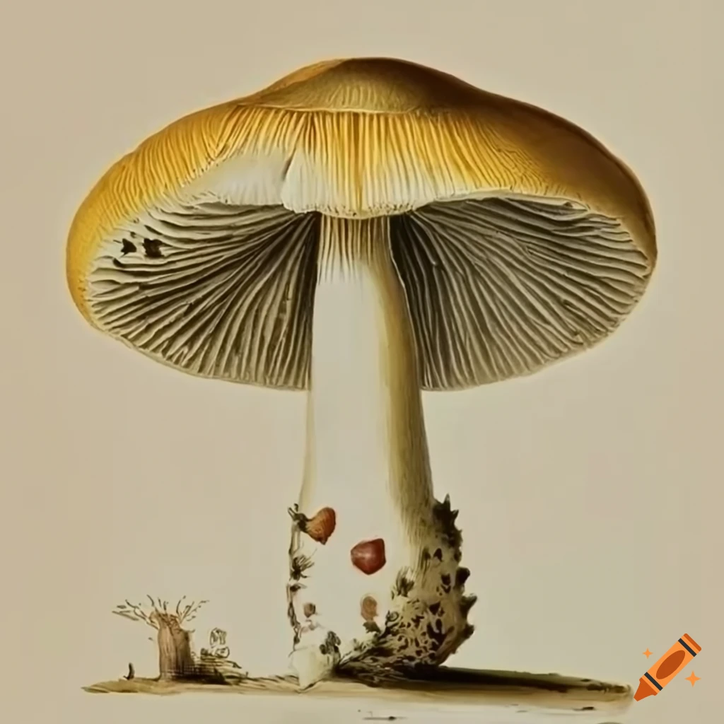 Scientific drawing of amanita phalloides mushroom
