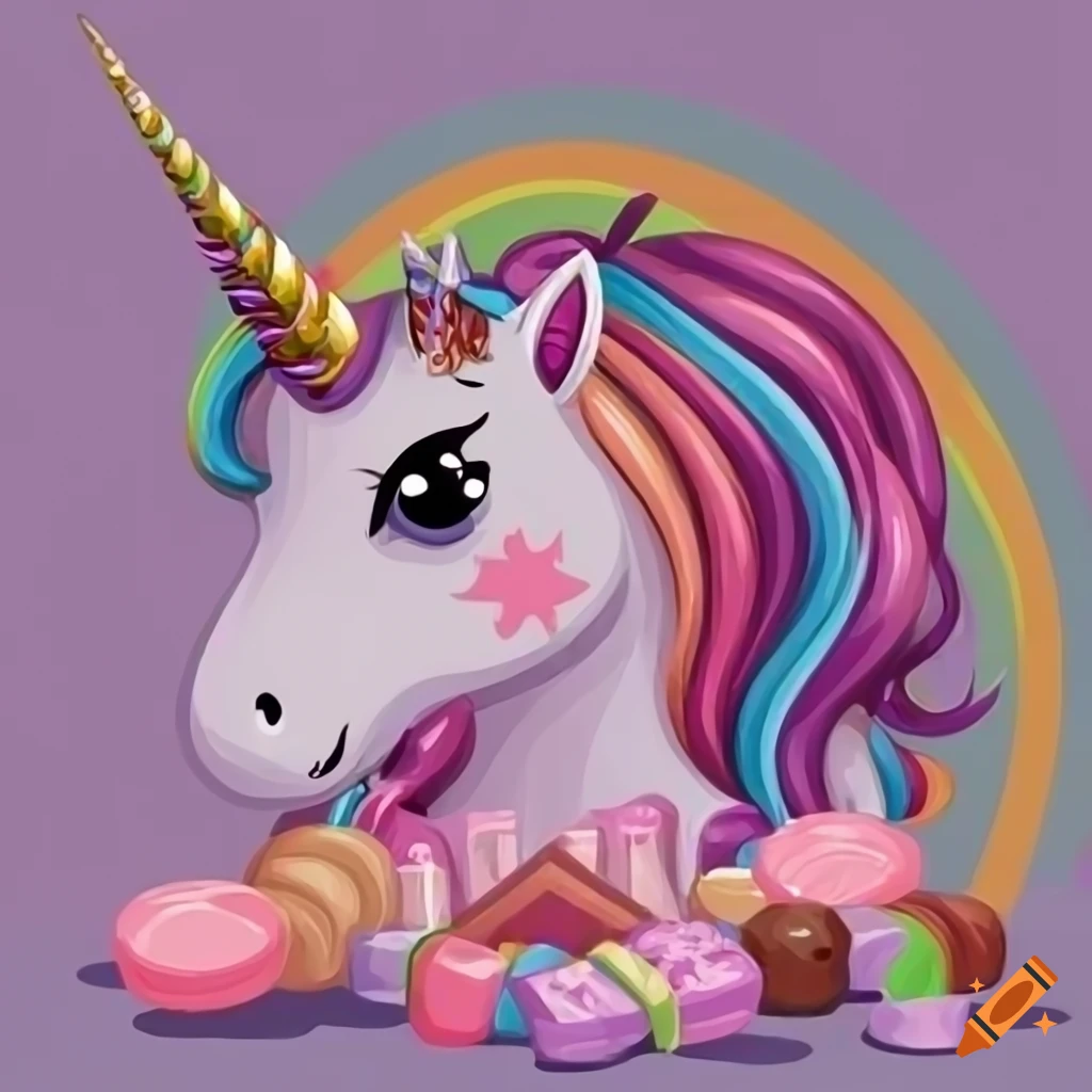 Cute chibi style fluffy unicorn with golden horn and rainbow mane on Craiyon