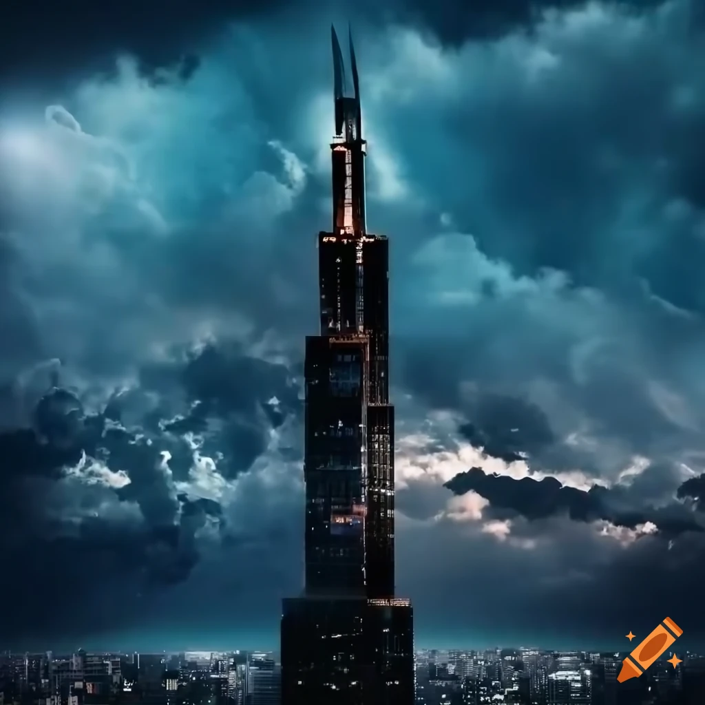 dark skyscraper in stormy night with a mysterious girl