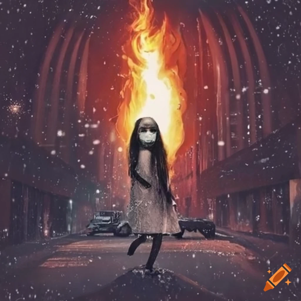 city on fire with masked people and snow