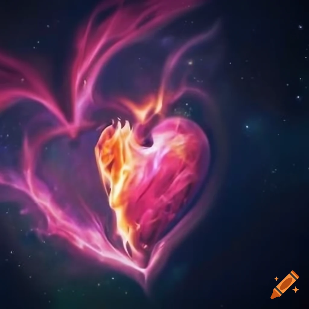 cosmic artwork of a burning heart underwater