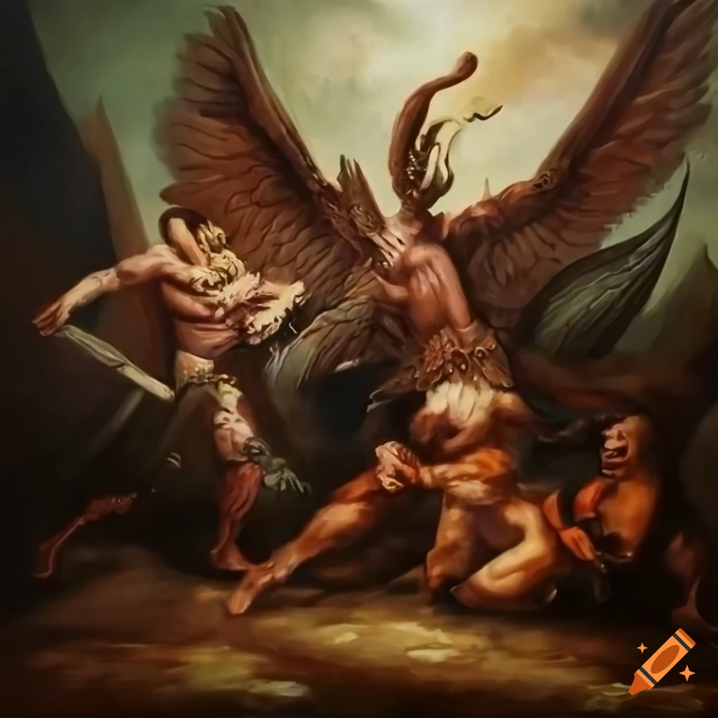 Painting of angels fighting demons