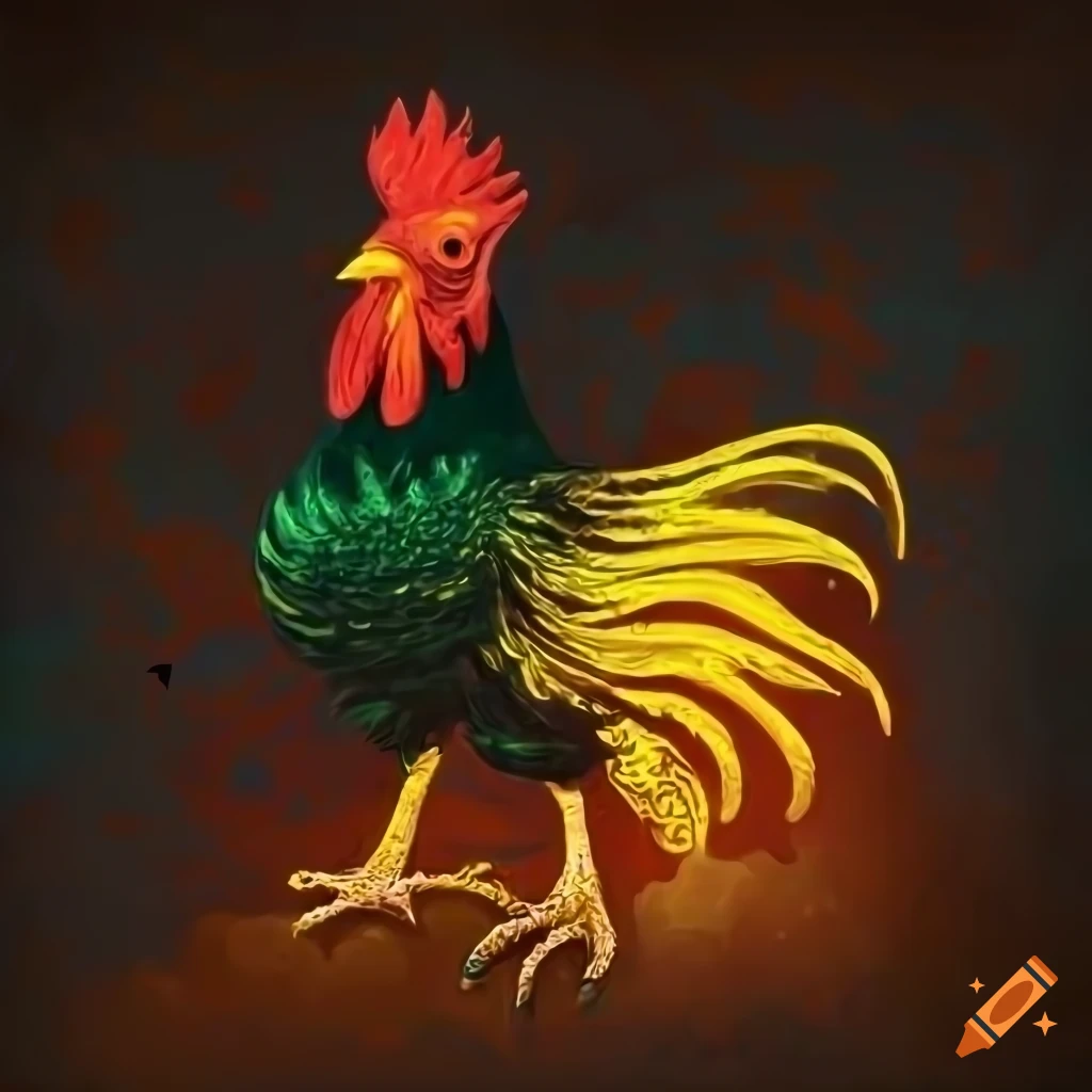 mysterious Lovecraft-style artwork of a rooster with glowing yellow eyes