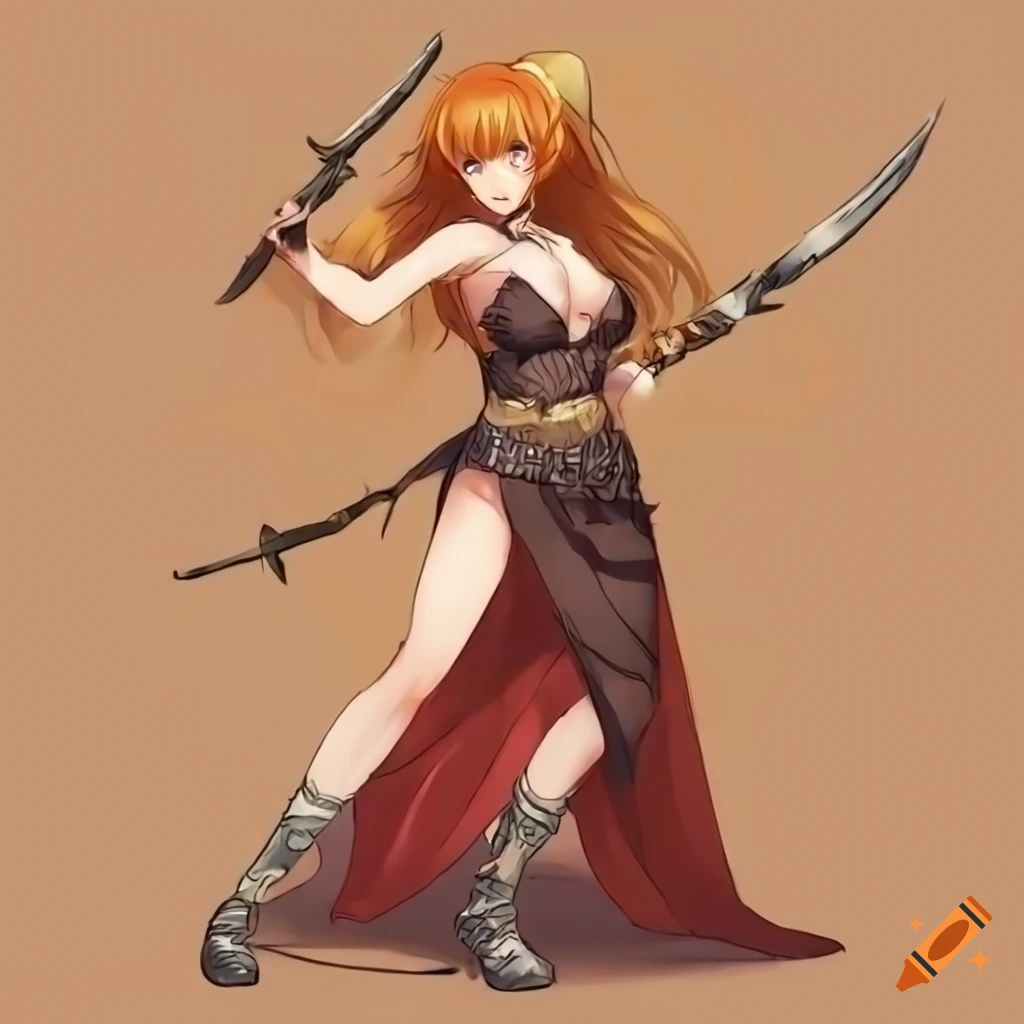 anime warrior woman with golden hair in desert