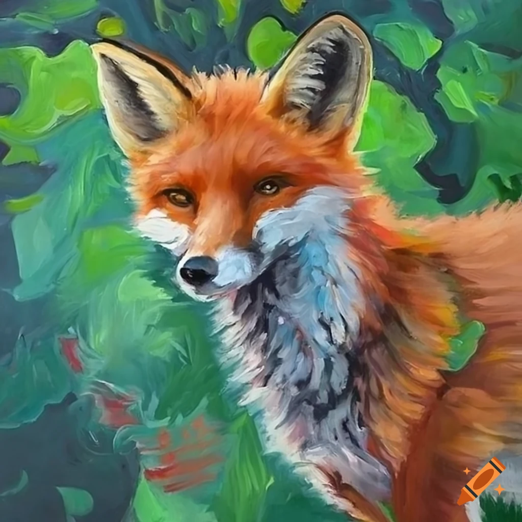 oil painting of a fox running by a stream