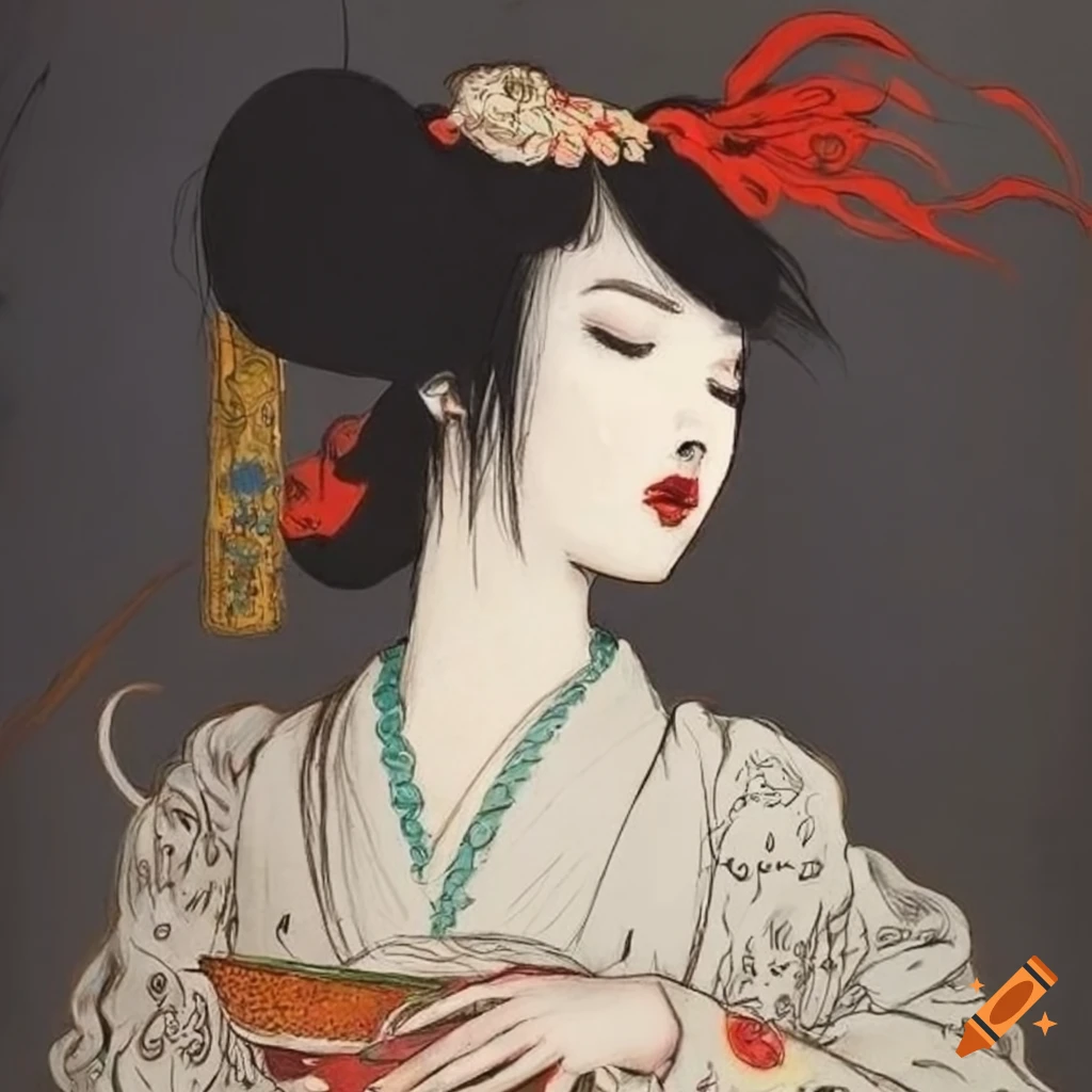 sketch of a ghostly Japanese woman in vibrant colors