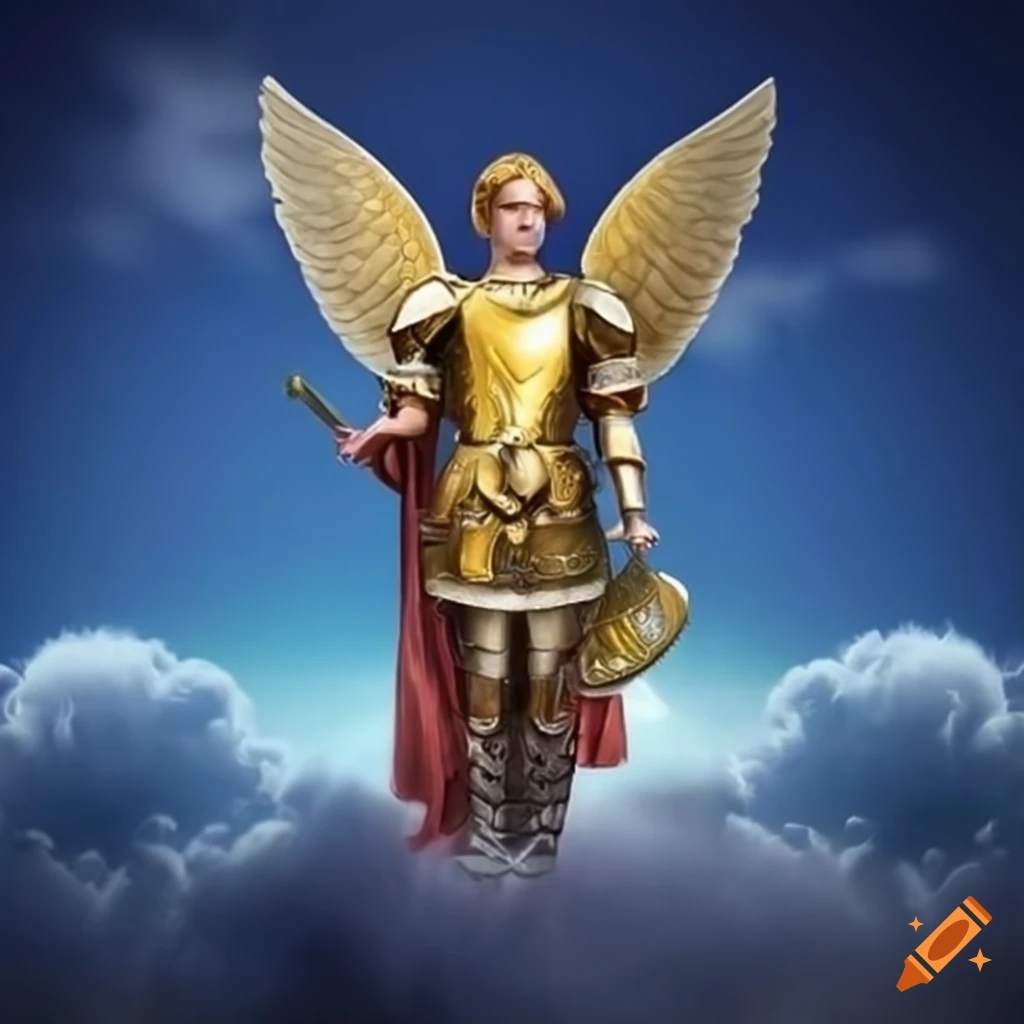Depiction of archangel michael in golden armor on Craiyon