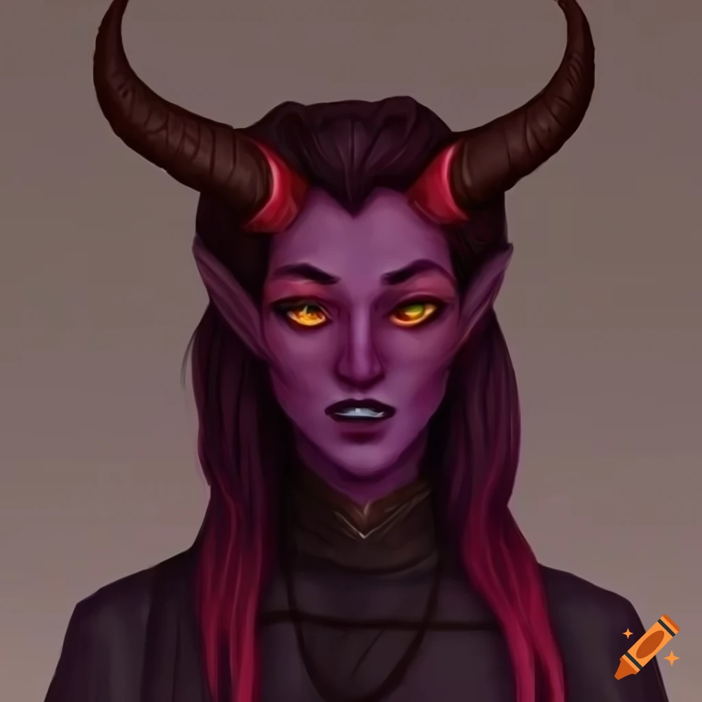 Illustration of a sexy female tiefling with dark maroon skin and yellow