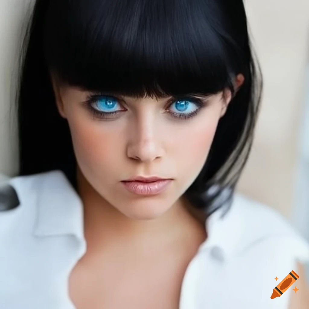 Portrait of a woman with black hair and blue eyes on Craiyon