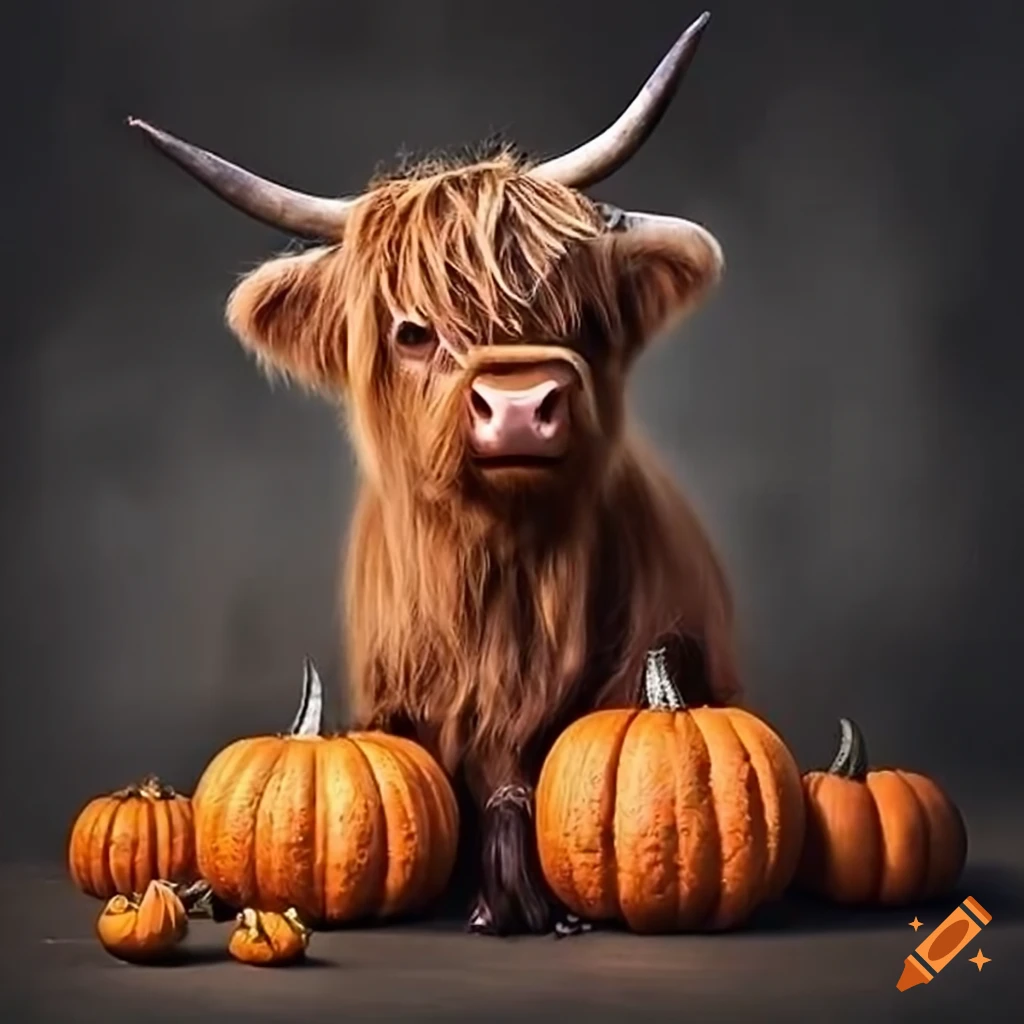 Witch Baby Highland Cow surrounded by pumpkins