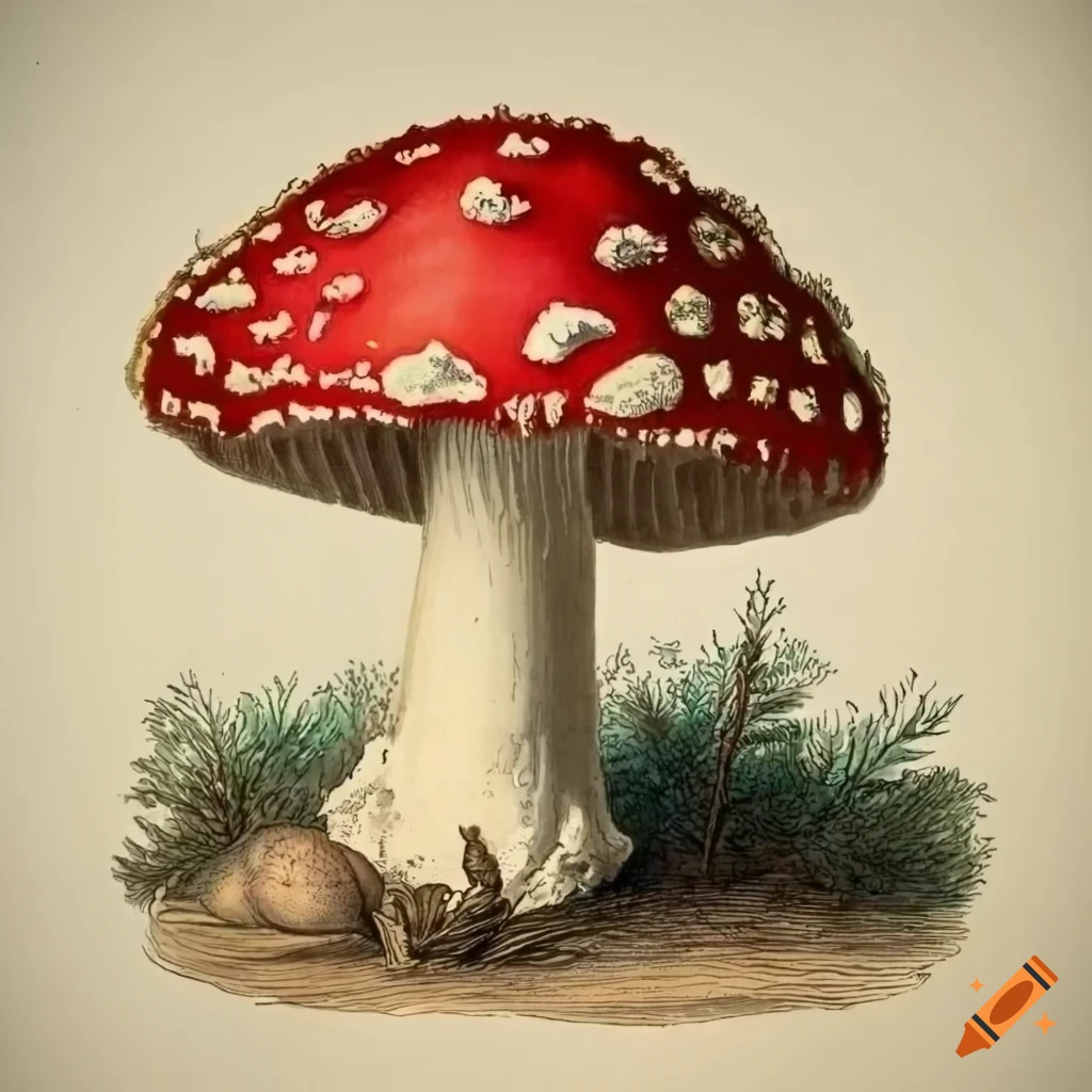 science drawing of Amanita Muscaria mushroom