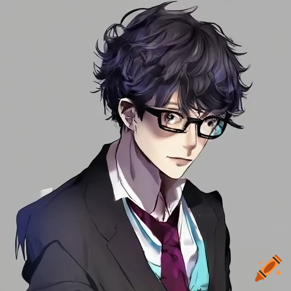 portrait of a 35-year-old male professor with messy black hair and eyeglasses