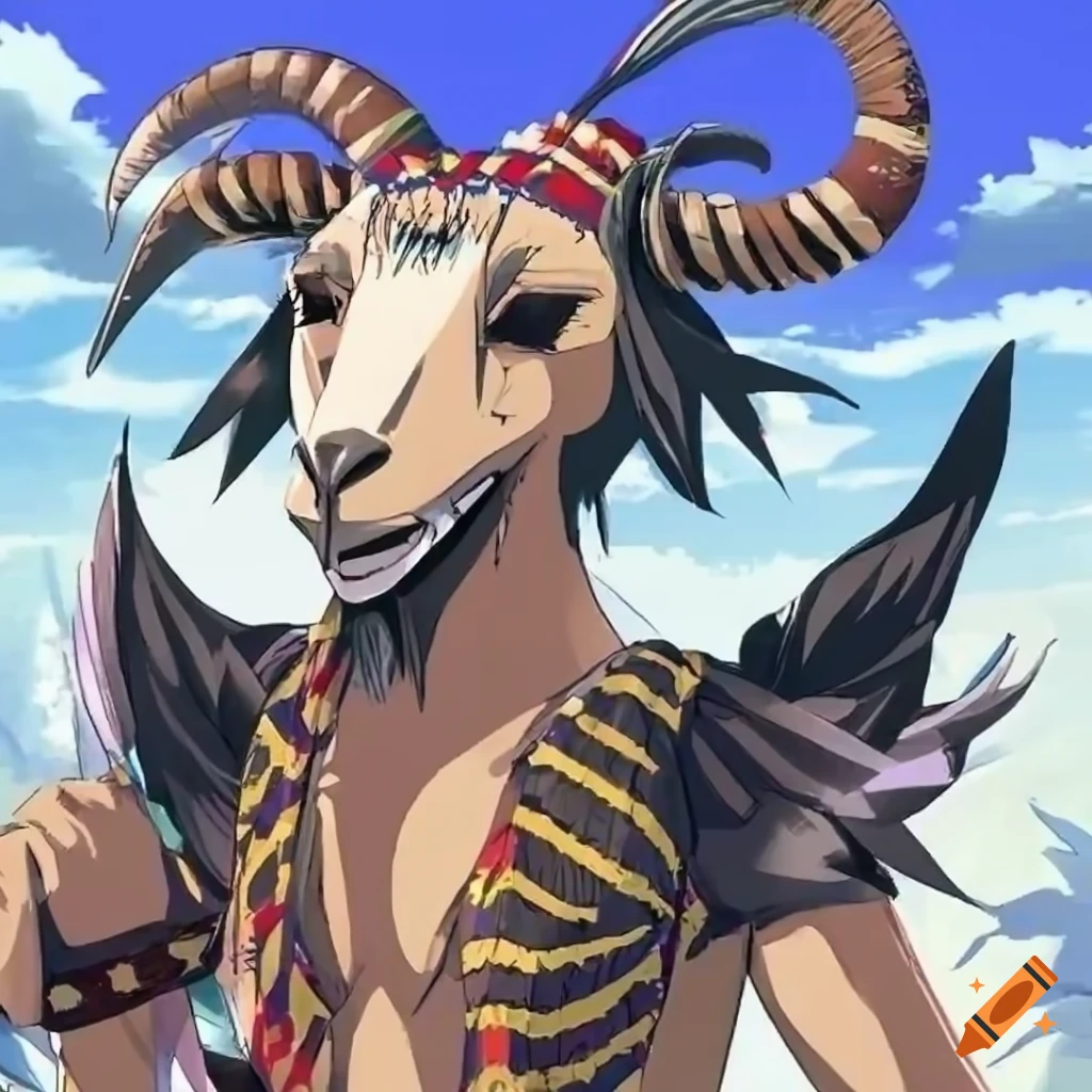 Semi-anime illustration, appealing chubby goat humanoid with serious  expression on Craiyon