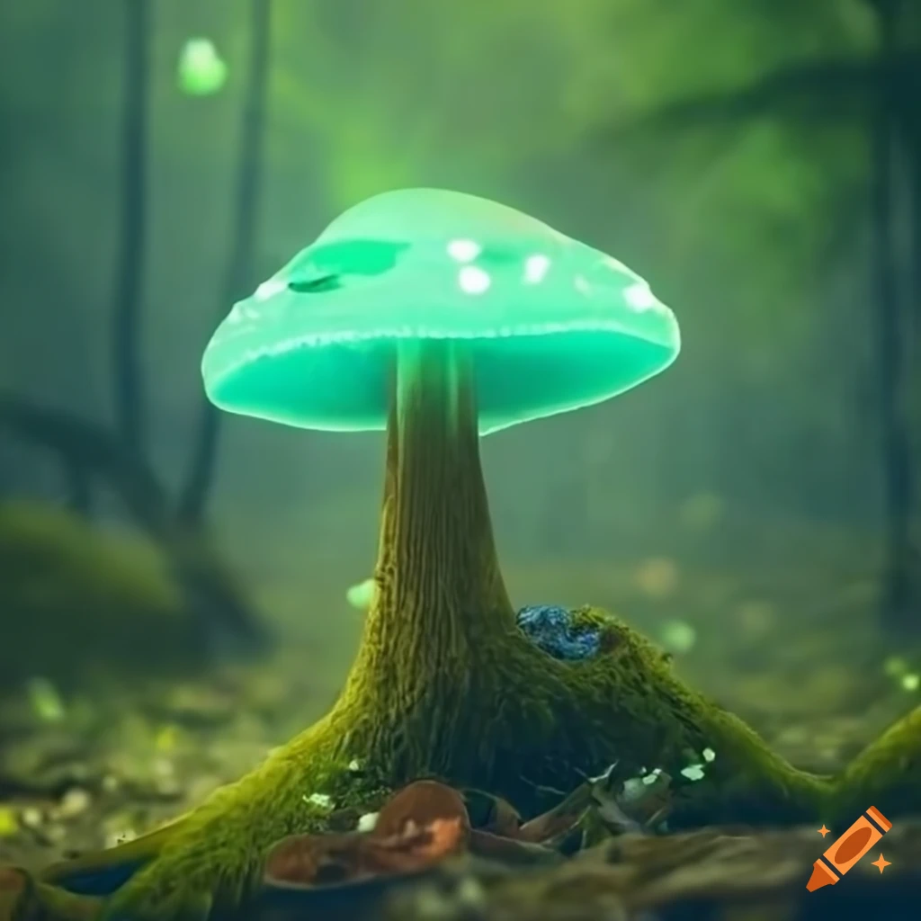 fantasy image of a glowing mushroom in a mossy forest