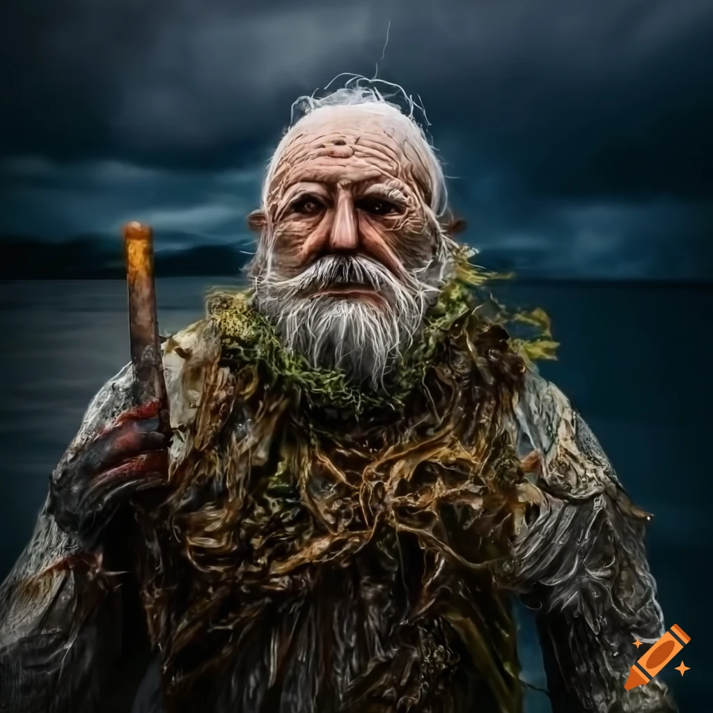 close up of an old sailor with seaweed-covered oar