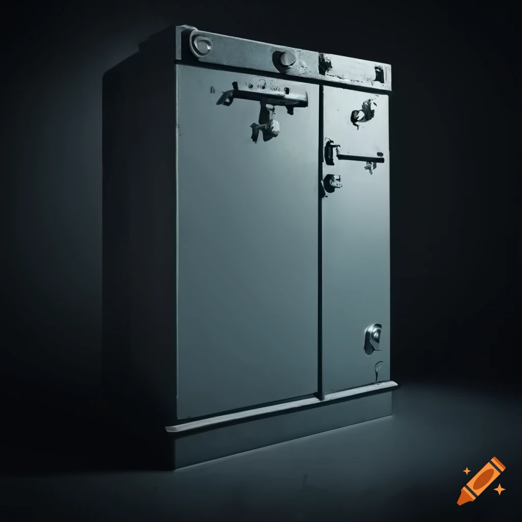 closed steel strongbox in the basement