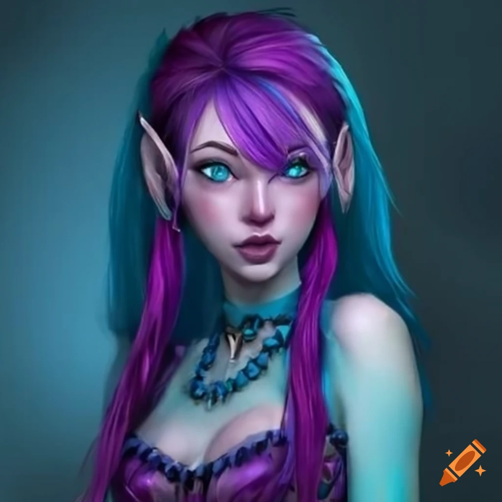 image of a female blue elf with purple hair