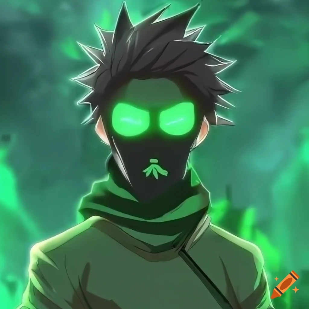 Black anime boy with kinky short hair wearing green cloak
