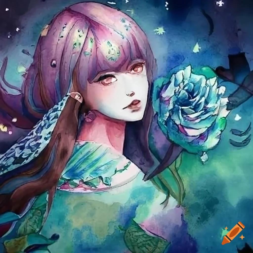 Roselia stealing the divine flower in a risky and brave scene on Craiyon