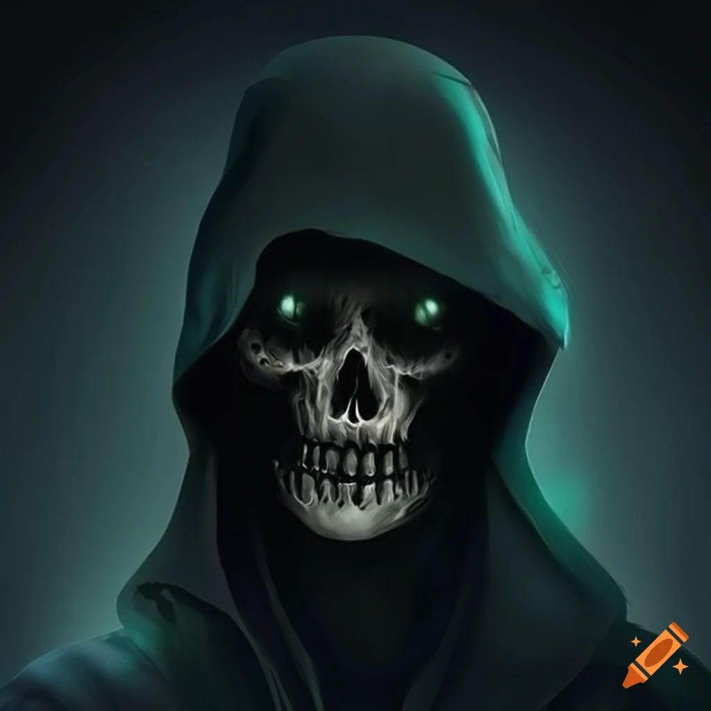 mysterious digital artwork with a hooded skull character